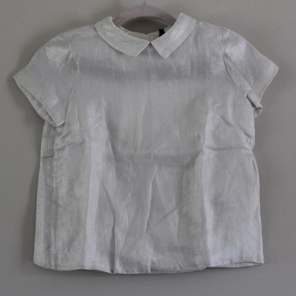 NWT Bonpoint‎ Couture Coquet Short Sleeve Linen Collared Blouse Top Cream Silver